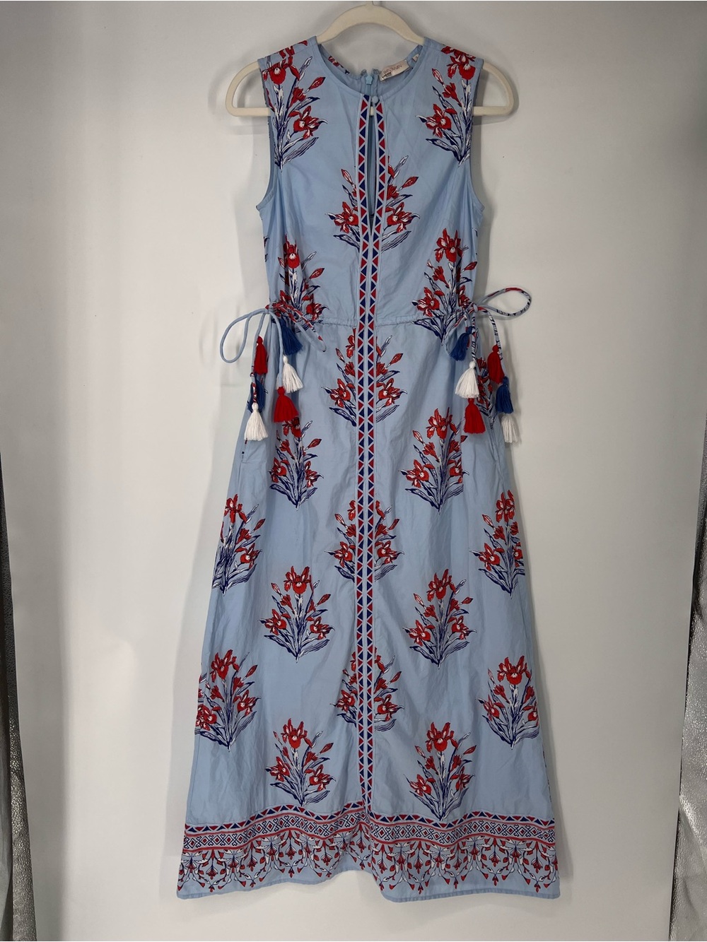 Banjanan Light Blue Floral Print Cut Out Sleeveless Tassle Tie Waist Maxi Dress